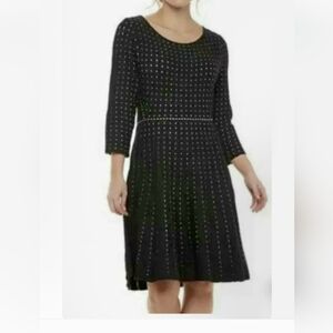Nina Leonard Fit & Flare Black Sweater Dress with Polka Dots